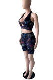 Black Fashion Sexy Print Hollowed Out Backless Halter Sleeveless Two Pieces