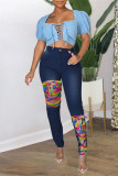 Deep Blue Fashion Casual Solid Bandage Hollowed Out Plus Size Jeans