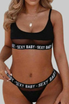 Black Sexy Letter Solid See-through Printing Lingerie