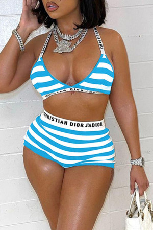 Blue Sexy Striped Split Joint Swimwears
