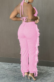 Pink Fashion Sexy Solid Tassel Backless Halter Sleeveless Two Pieces