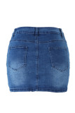 Saia jeans azul fashion casual com fivela sólida cintura alta