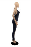 Black Fashion Sexy Print Ripped Backless Skinny Jumpsuits met O-hals