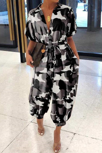 Black Fashion Casual Camouflage Print Basic Turndown Collar Regular Jumpsuits