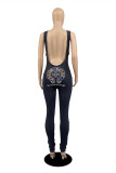 Black Fashion Sexy Print Ripped Backless Skinny Jumpsuits met O-hals