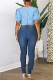 Глубокие синие модные повседневные сплошные повязки с выдолбленными джинсами больших размеров