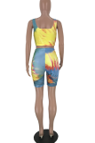 Yellow Sexy Patchwork Tie-dye Square Collar Sleeveless Two Pieces