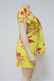 Yellow Fashion Casual Print Basic V Neck Plus Size Short Sleeve Romper