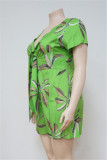 Macacão de manga curta verde moda casual estampa básica decote em V plus size