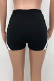 Black Casual Solid Patchwork Regular Mid Waist Shorts
