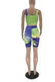Fluorescent Green Sexy Patchwork Tie-dye Square Collar Sleeveless Two Pieces