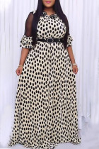 Light Yellow Sweet Print Patchwork O Neck A Line Plus Size Dresses