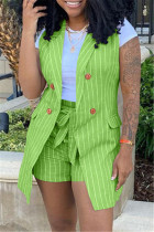 Фруктово-зеленый модный повседневный кардиган в полоску с принтом без рукавов из двух частей