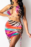 Roze Mode Sexy Print Backless Strap Design O-hals Mouwloos Two Pieces