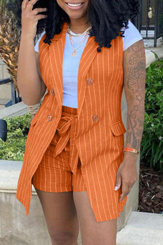 Orange Fashion Casual Striped Print Cardigan Sleeveless Two Pieces