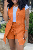 Orange Fashion Casual Cardigan mit gestreiftem Print, ärmellos, zweiteilig