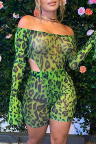 Groene Mode Sexy Print Backless Off-shoulder Lange Mouw Twee Stukken