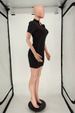 Black Fashion Casual Solid Basic Zipper Collar Short Sleeve Dress