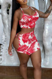 Red Sexy Print Hollowed Out Backless Spaghetti Strap Sleeveless Two Pieces