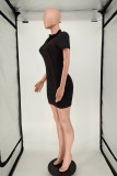 ブラックファッションカジュアルソリッドベーシックジッパーカラー半袖ドレス