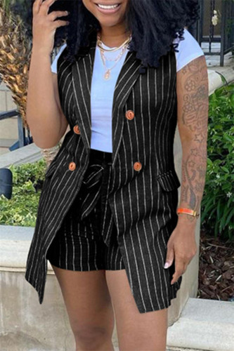 Black Fashion Casual Striped Print Cardigan Sleeveless Two Pieces