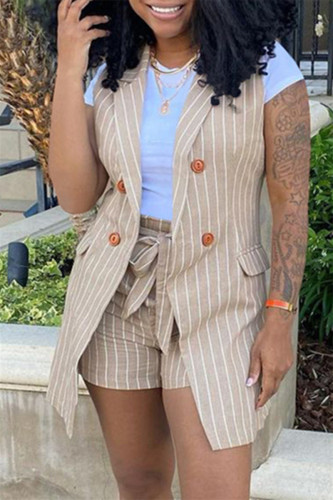 Khaki Fashion Casual Striped Print Cardigan Sleeveless Two Pieces