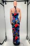 Black Fashion Sexy Print Hollowed Out Backless Halter Sleeveless Dress