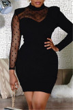 Black Fashion Solid Patchwork See-through Half A Turtleneck Long Sleeve Dresses