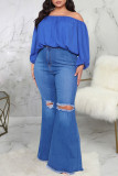 Calça jeans plus size rasgada casual moda azul escuro