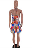 Multicolor Fashion Sexy Print Bandage Backless Halter Sleeveless Two Pieces