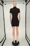 ブラックファッションカジュアルソリッドベーシックジッパーカラー半袖ドレス