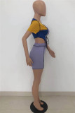 Lila Mode Sexy Patchwork Bandage Ausgehöhlter O-Ausschnitt Kurzarm Zweiteiler