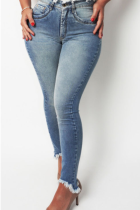 Blue Casual Solid Patchwork Mid Waist Raw Hem Skinny Denim Jeans