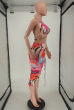 Roze Mode Sexy Print Backless Strap Design O-hals Mouwloos Two Pieces