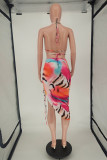 Pink Fashion Sexy Print Backless Strap Design O Neck Sleeveless Two Pieces