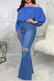 Donkerblauwe mode casual effen gescheurde grote maat jeans