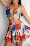 Moda multicolor sexy estampado vendaje sin espalda halter sin mangas dos piezas