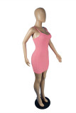 Розовое модное сексуальное однотонное платье без рукавов на тонких бретелях с открытой спиной