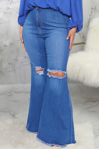 Donkerblauwe mode casual effen gescheurde grote maat jeans