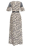 Hellgelbes Patchwork-Kleid mit O-Ausschnitt und A-Linie in Übergröße mit süßem Aufdruck