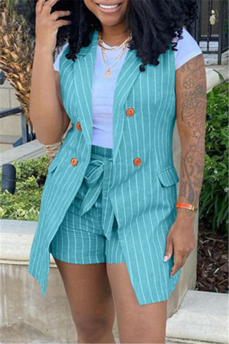 Cyanine Fashion Casual Striped Print Cardigan Sleeveless Two Pieces