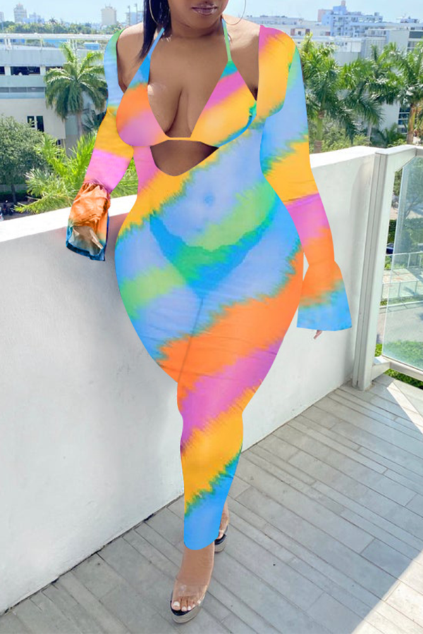 Farblich sexy bedruckte Patchwork-Halfter-Jumpsuits in Übergröße
