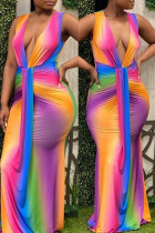Multicolor Fashion Sexy Print V-Ausschnitt Ärmelloses Kleid