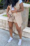 Khaki Fashion Casual Cardigan mit gestreiftem Print, ärmellos, zweiteilig