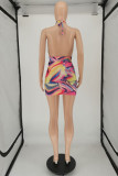 Multicolor Sexy Print Hollowed Out Backless Halter Sleeveless Dress