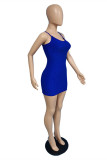 Синее модное сексуальное однотонное платье без рукавов с открытой спиной на тонких бретелях