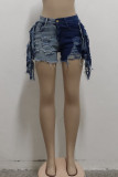 Blue Fashion Sexy Patchwork High Waist Jeans Hot Pants Tassel Ripped Fringed Denim Shorts