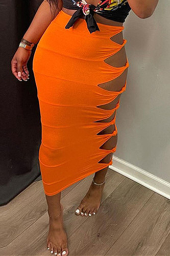 Оранжевая модная повседневная сплошная выдолбленная обычная юбка с высокой талией