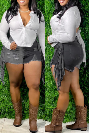 Black Fashion Sexy Patchwork High Waist Jeans Hot Pants Tassel Ripped Fringed Denim Shorts