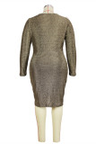 Gold Fashion Casual Plus Size Solid Draw String V Neck Long Sleeve Dresses